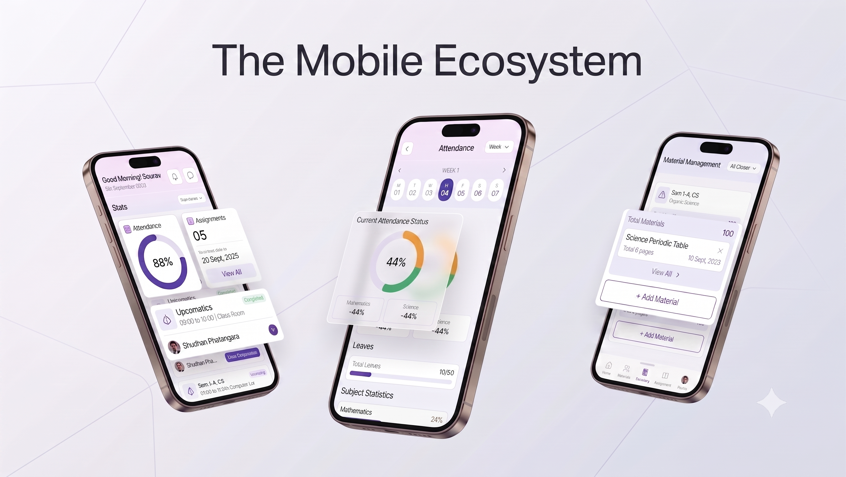 Institute ERP student ecosystem mobile app showing home dashboard with attendance tracking, academic calendar, and material management screens